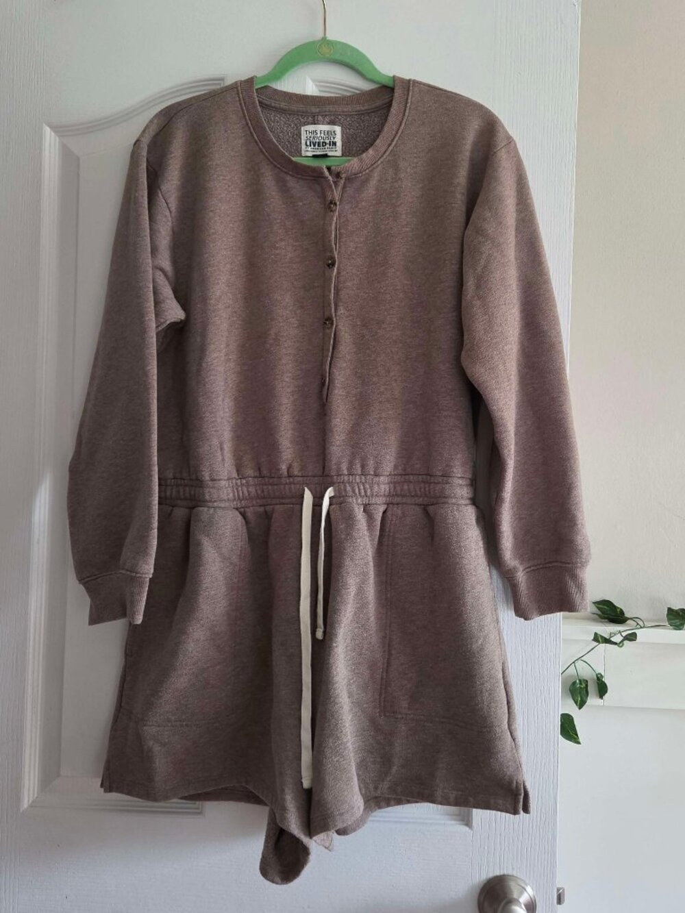 American Eagle Aerie Cozy Henley Lounge Romper Tan Brown Large
